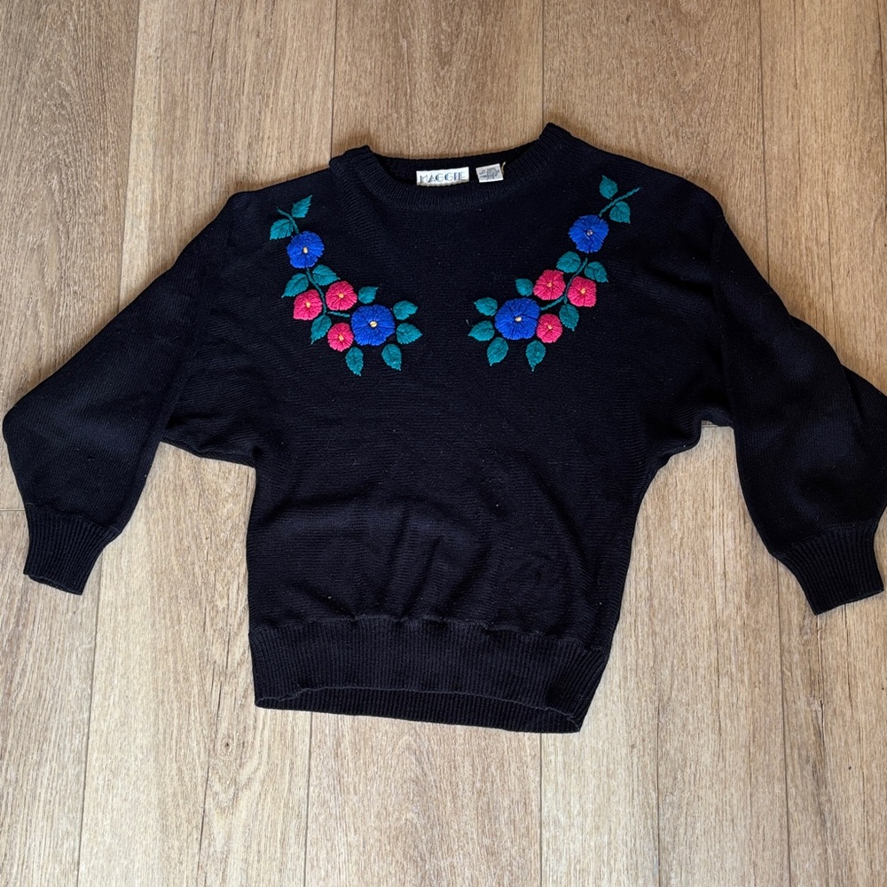 Vintage Black Sweater with Floral Embroidery